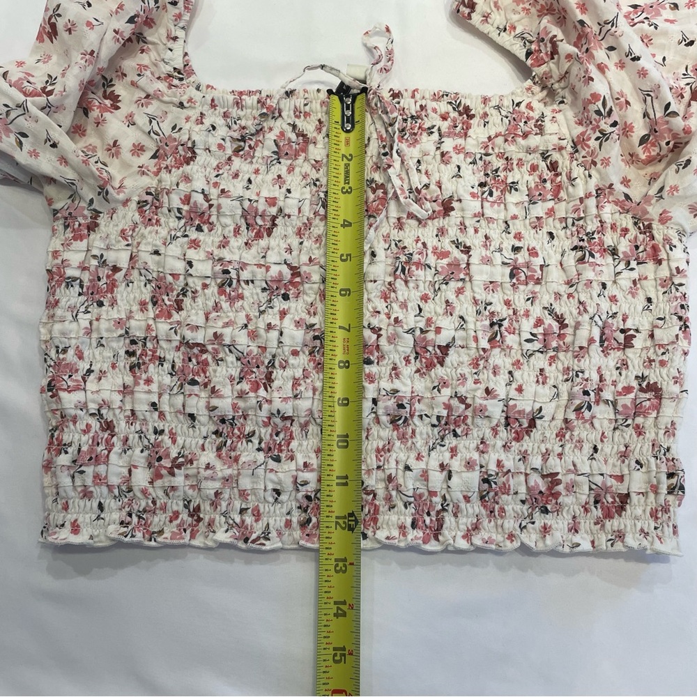 American Eagle Size XL Cropped Pink Beige Floral Long Sleeve Puffy Sleeve Blouse - Picture 12 of 13